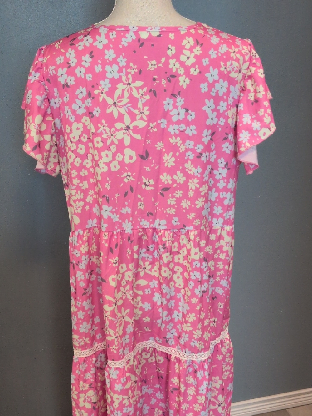 Amazon Essentials Pink Yellow Floral Vneck Mumu Long Line Maxi Dress Feminine - Picture 7 of 12
